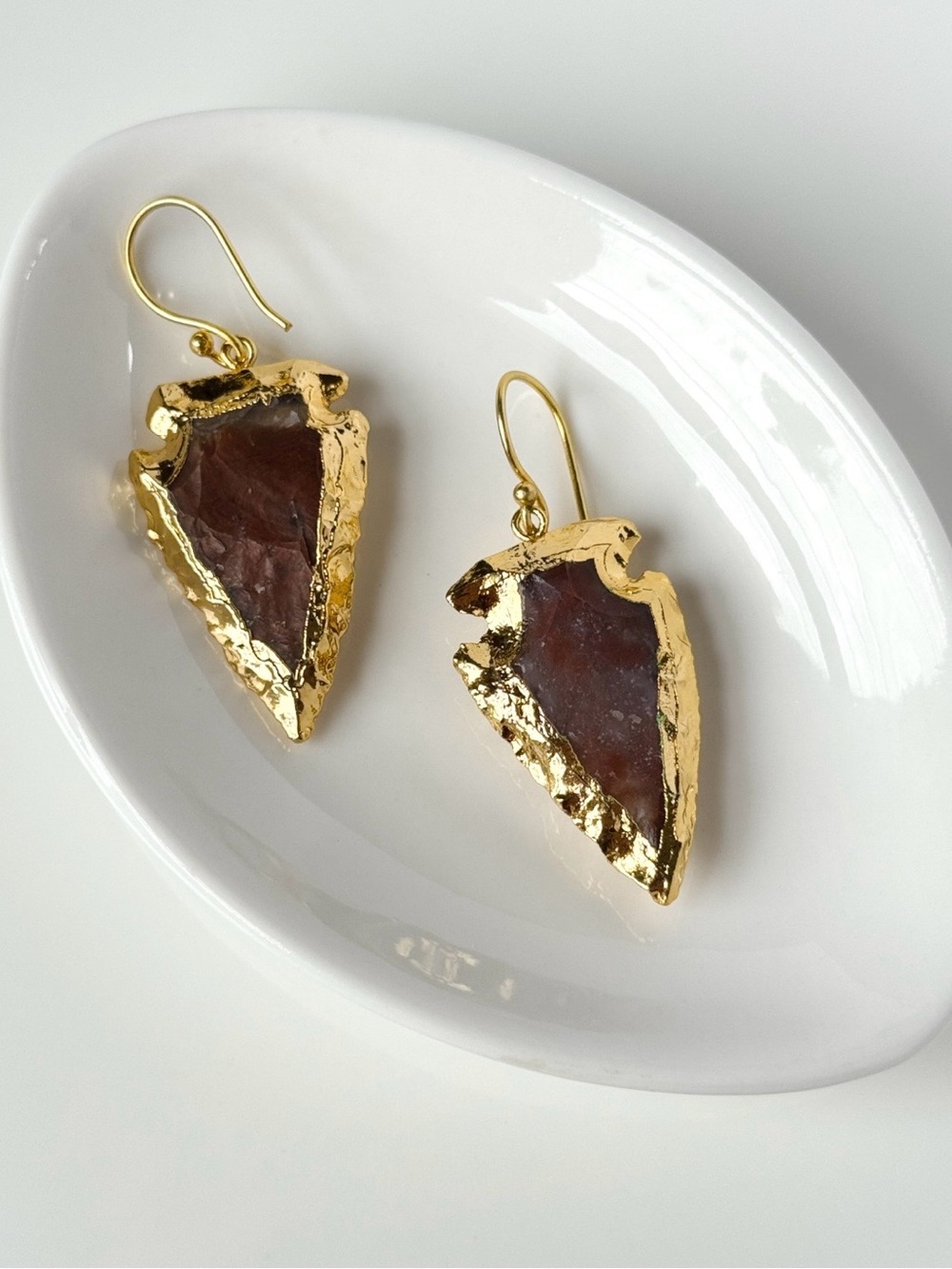 18k Gold Plated Agate Arrowhead Dangle Hook Statement Earrings